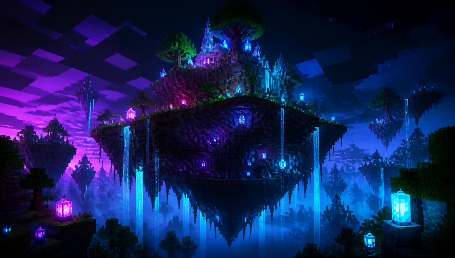 Île flottante Minecraft illuminée de néons cyan et magenta